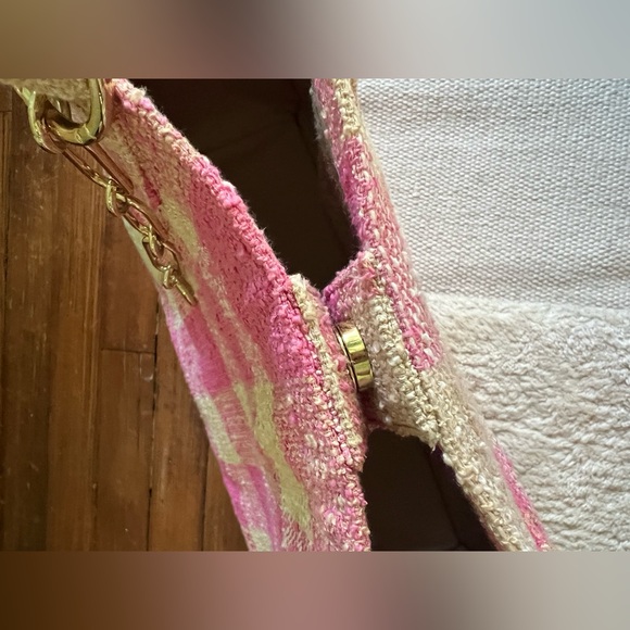 Sandro Paris Large Pink Cream Kasbah Tan Gold Check Gingham Tote Bag EUC $450 - Picture 11 of 11